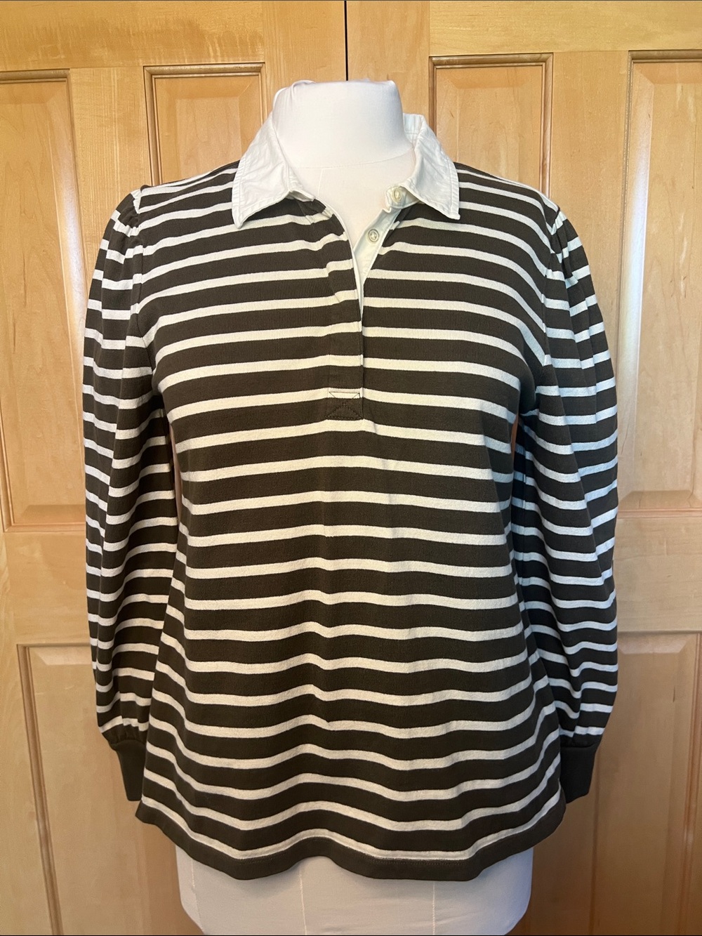 Talbots Olive Green and Cream Striped Polo-Style Jersey w/Contrast CreamCollar
